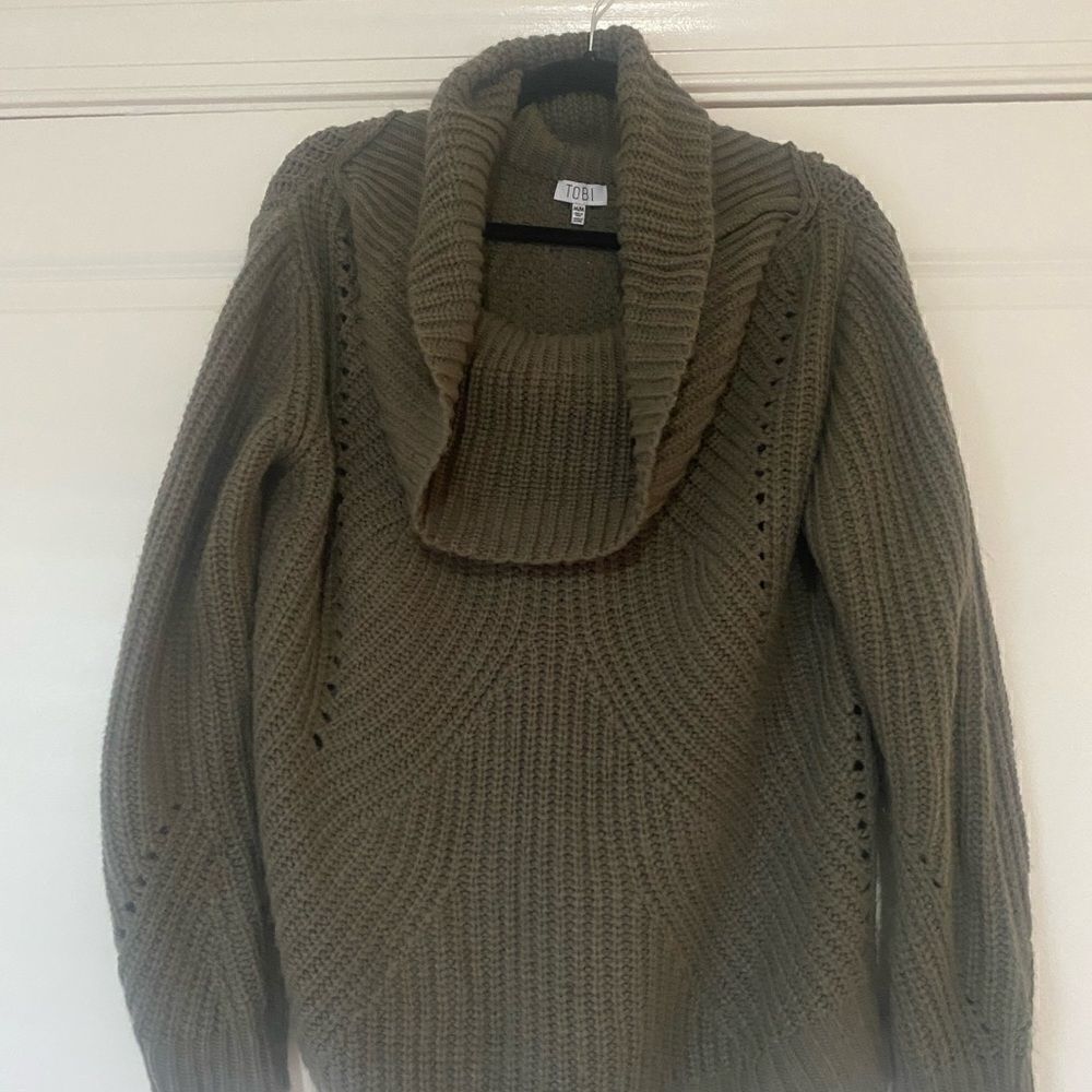 TOBI Olive Slouchy Knit Off-Shoulder Sweater - Picture 3 of 8